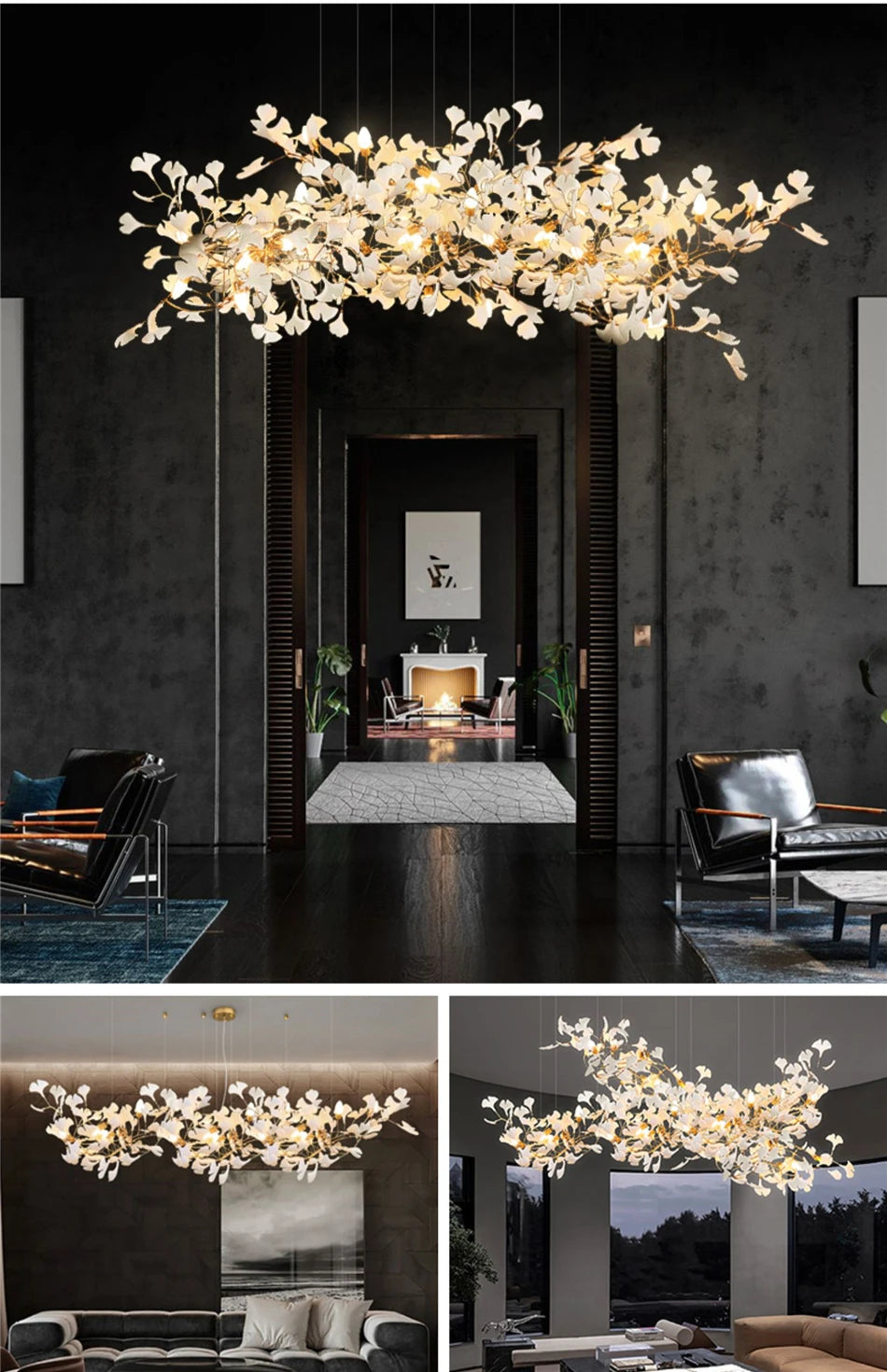 Ginkgo Leaves Loft Hanging Chandelier Light For High Ceiling Staircase Living Dining Room Modern White Porcelain Leaf Chandelier