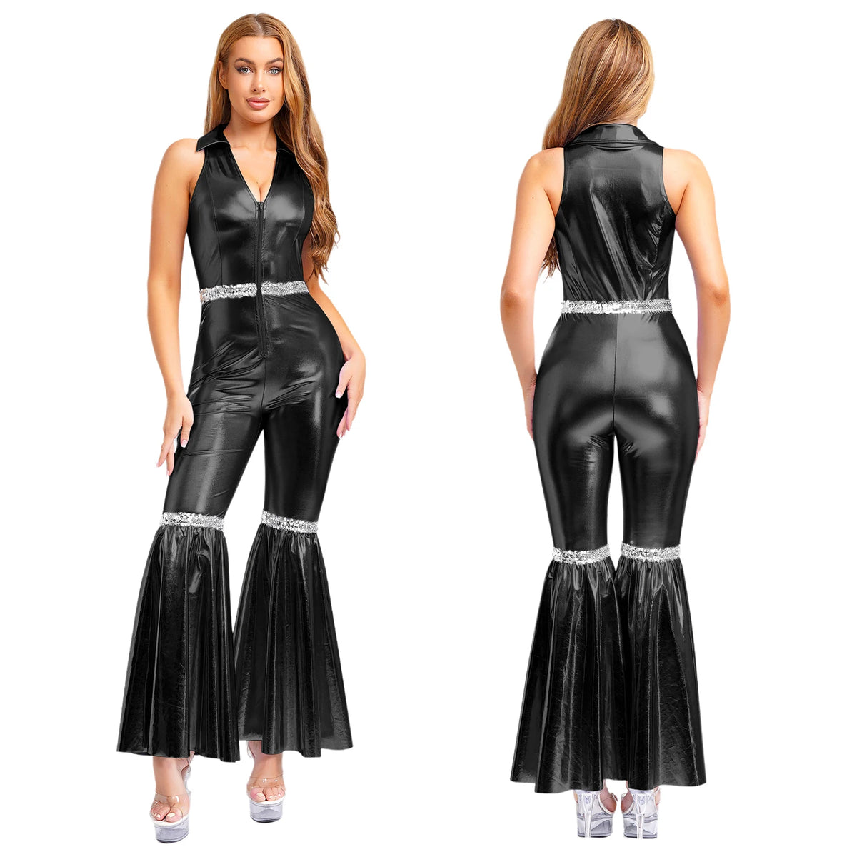 Women Vintage One Piece 70s Disco Dance Rompers Sleeveless Metallic Bell Bottom Flared Pants Jumpsuit for Retro Party Jazz Dance