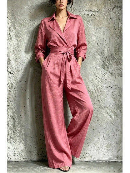 Fashion Lapel Shirt Long Sleeve Women's Jumpsuit Autumn Slim Waist Tie Loose Wide Leg Pants Pocket Female Office Rompers 2026