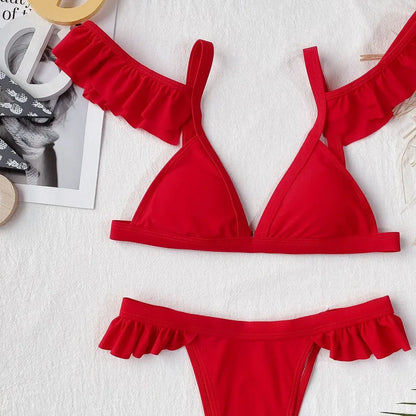 2026 Sexy Bikini Women Swimwear Swimsuit Red Ruffled Triangle Bikinis Set Bathing Suit Beach Bikini Female Trajes De Bano Mujer