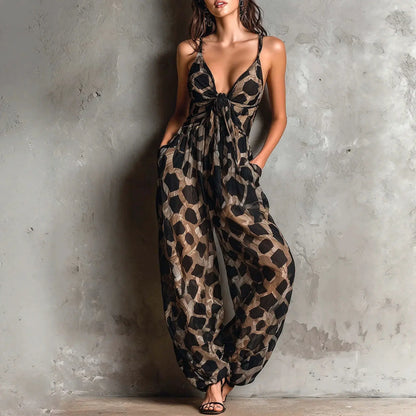 Sexy Leopard Print Long Jumpsuits Women Thin Strap Sleeveless V Neck Twist Front Wide Leg Pants Playsuit 2026 Female Overall