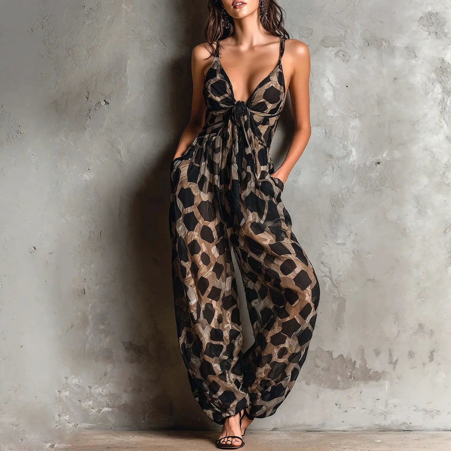 Sexy Leopard Print Long Jumpsuits Women Thin Strap Sleeveless V Neck Twist Front Wide Leg Pants Playsuit 2026 Female Overall