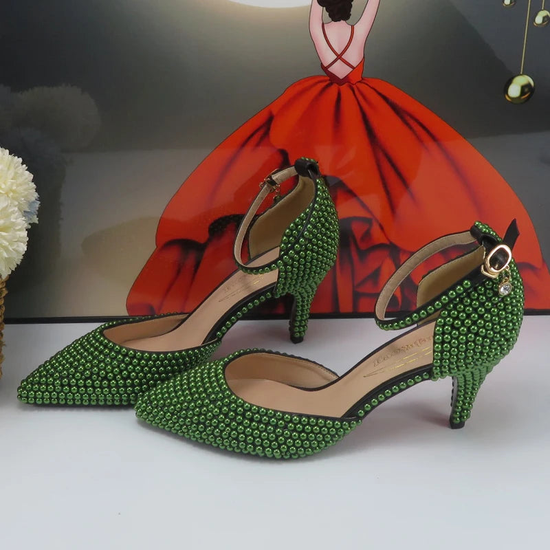 BaoYaFang New arrival Green Pearl Bridal shoes and Bag Set woman party dress shoes Big size ankle Strap Buckle Shoes High Pumps