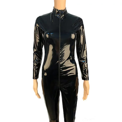 Women's Wet Look PU Leather Jumpsuit Suit Long Sleeve Zipper Open Crotch Shiny Latex Bodysuit Clubwear Plus Size