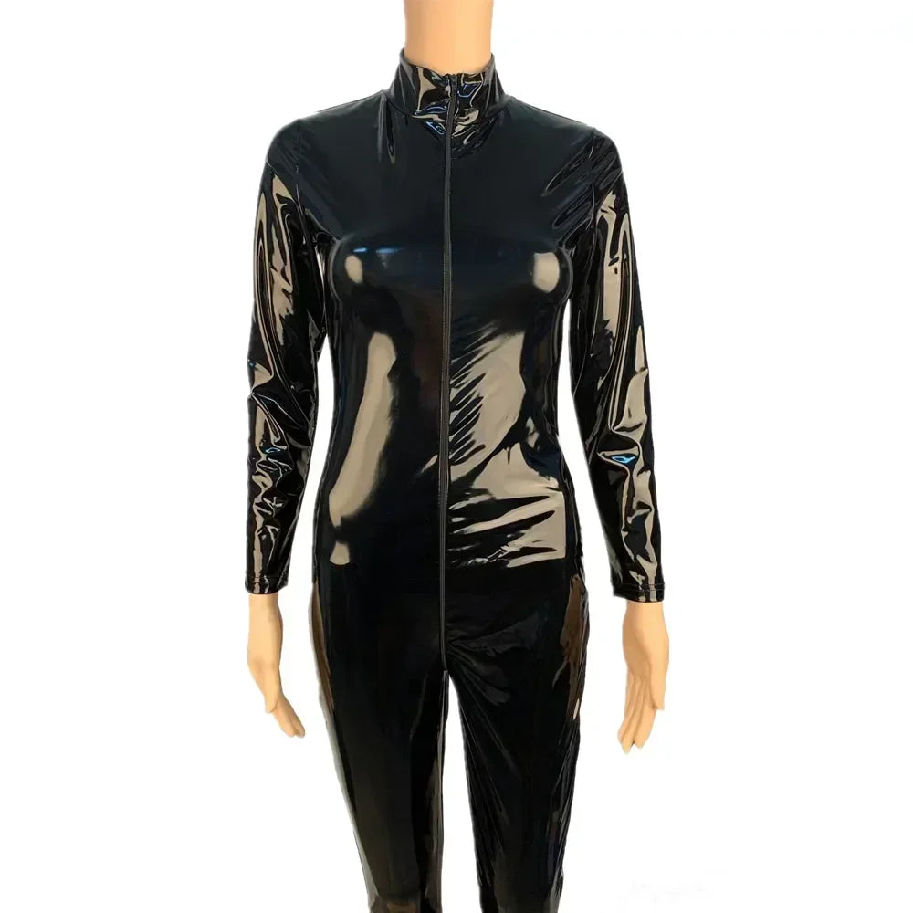 Women's Wet Look PU Leather Jumpsuit Suit Long Sleeve Zipper Open Crotch Shiny Latex Bodysuit Clubwear Plus Size