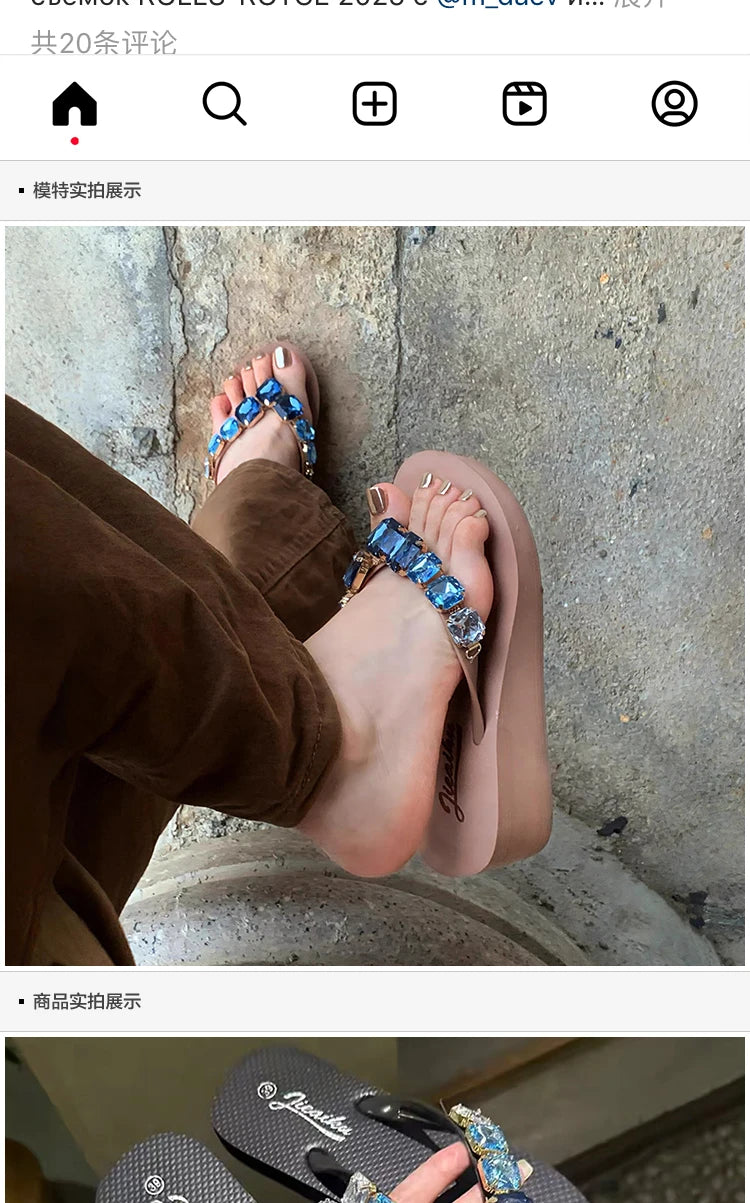Square Rhinestone Flip-Flops Popular in Ins Summer Blingbling Star Street Shooting Slope Heel Slippers Women Flat Beach Slippers