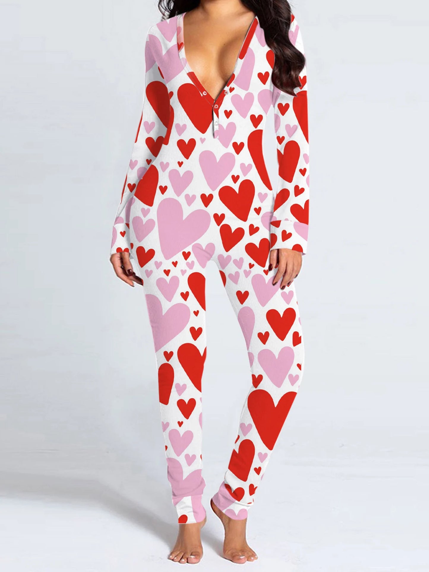 Christmas Women's Jumpsuit Pajamas Long Sleeve V Neck Themed Print Bodysuit Sleepwear with Drop Seat Butt Flap