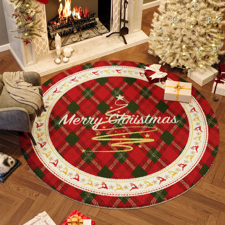 Christmas Round Faux Cashmere Area Rug Non Slip Soft Bedroom Bedside Carpet Xmas Holiday Home Decor Floor Mat for Living Room