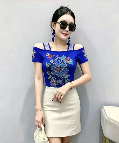 High Quality Elasticity Clothes Fashion T-Shirts Women's Sexy Off Shoulder Shiny Diamonds Mesh Tops Summer Tees Shirt