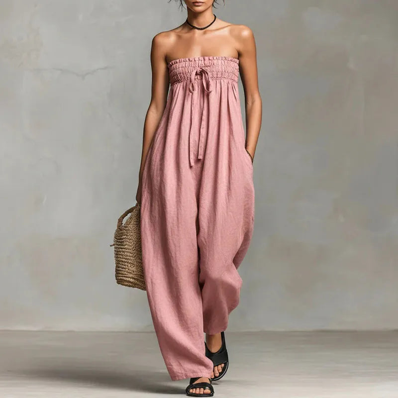 Bohemian Casual Solid Wide Leg Pants Jumpsuit Woman Spring Sexy Strapless Backless Hollow Rompers Summer Lace-up Draped Overalls