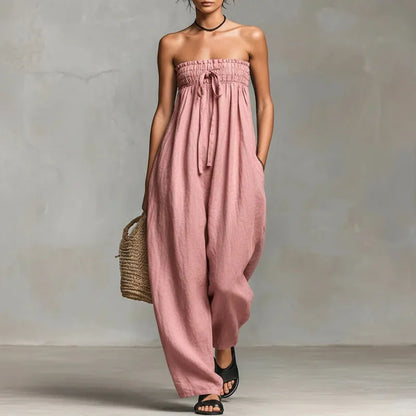 Bohemian Casual Solid Wide Leg Pants Jumpsuit Woman Spring Sexy Strapless Backless Hollow Rompers Summer Lace-up Draped Overalls
