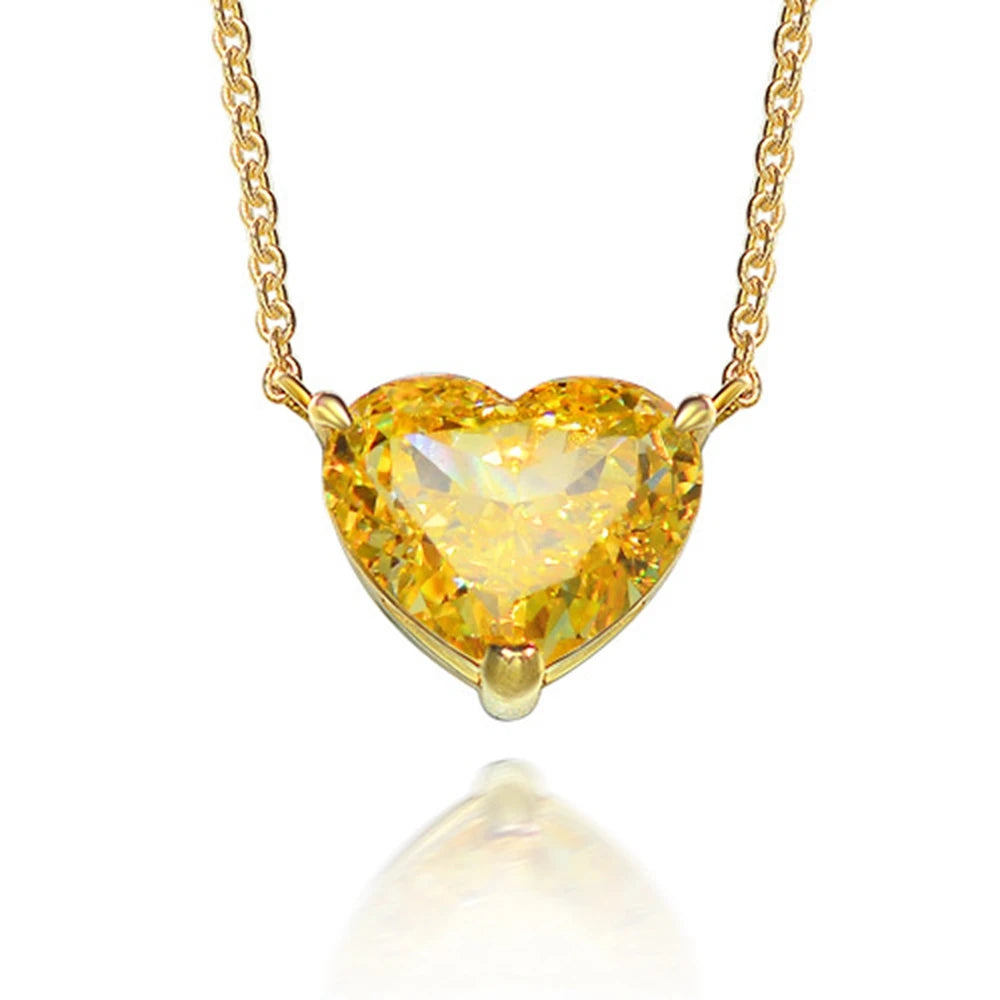 WUIHA 925 Sterling Silver Heart-shaped 10*12mm Vivid Yellow Sapphire Created Moissanite Diamond Pendant Necklaces for Women Gift
