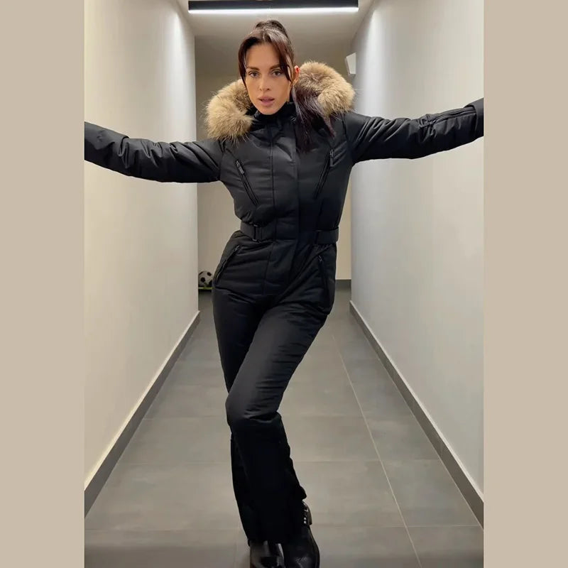 Casual Fur Hooded Patchwork Ski Jumpsuits Women Slim Thicken Zippers Belts Lady Jumpsuit 2026 Autumn Winter Chic Female Skiwear