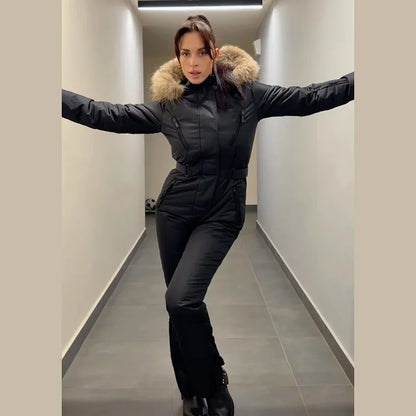 Casual Fur Hooded Patchwork Ski Jumpsuits Women Slim Thicken Zippers Belts Lady Jumpsuit 2026 Autumn Winter Chic Female Skiwear
