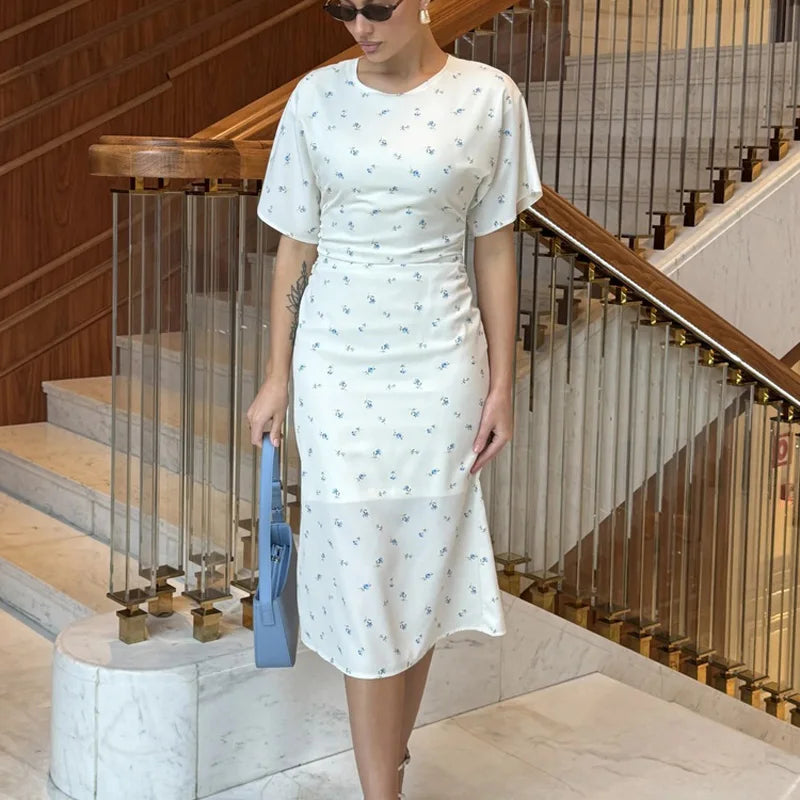 Tossy Floral Print Midi Dress Ruched Dress Round Neck Short Sleeve Fitted Waist Small Flower Print Bodycon Party Clubwear Dress