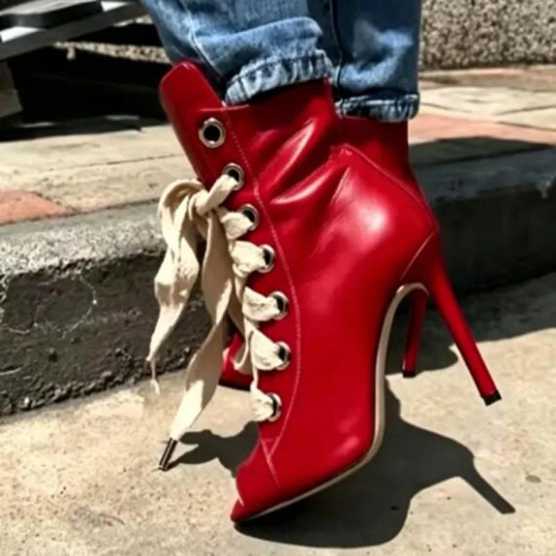 Red White Matte Leather Cross Tied Lace Up Ankle Boots Peep Toe Big Gold Silver Metallic Braided Straps High Heel Booties Shoes