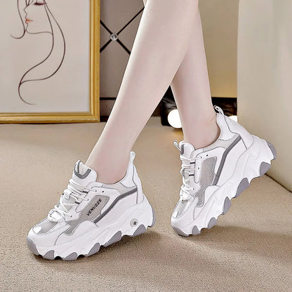 Women With Mesh And Synthetic Leather Upper Lace Up Design Round Toe Non Slip Thick Sole Breathable Casual Sports Shoes Trendy F