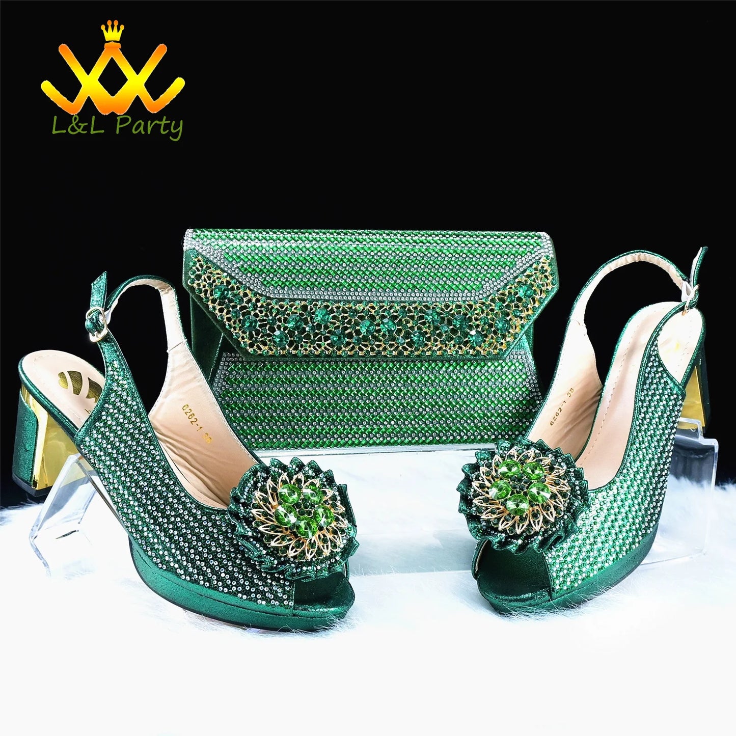 2024 Special New Arrivals Italian Women Shoes and Bag to Match in Green Color with Platform Shinning Crystal Sandal for Wedding