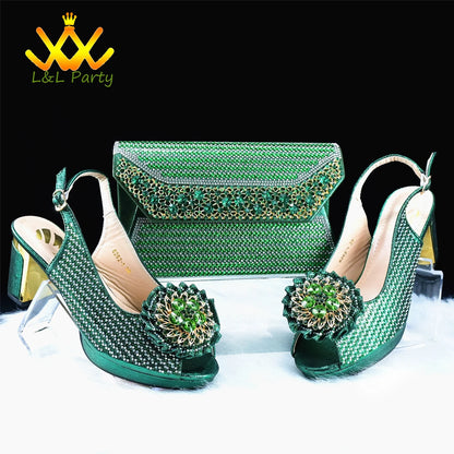 2024 Special New Arrivals Italian Women Shoes and Bag to Match in Green Color with Platform Shinning Crystal Sandal for Wedding