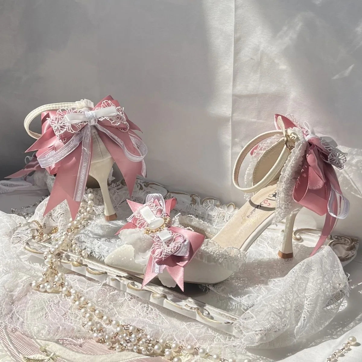 Pink Heeled Sandals Lolita Heels Shoe and Bag Set Luxury Woman High Heels Party Shoes Woman Bow Weddings Bridal Shoes Y2K Heels