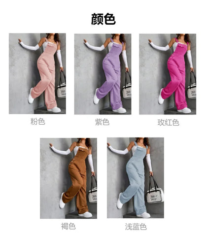 New Casual Women's Jumpsuit Spring Summer Solid Color Simple Loose Retro Style Sleeveless High Waist Backless Wide Leg Overalls