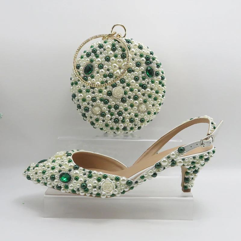 BaoYaFang Green Pointed Toe Pearl Bridal Wedding Shoes and Bag Thin Heel Slingbacks Female Ladies Party Shoe Shallow Women Shoes
