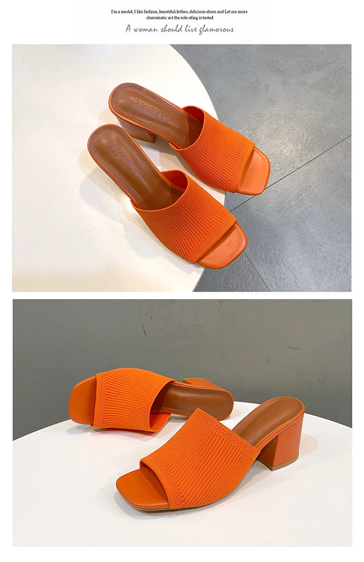 Women's Luxury Casual Soft High Heel Sandals Black Mules Summer Slippers Outdoor Shoes Open Toe