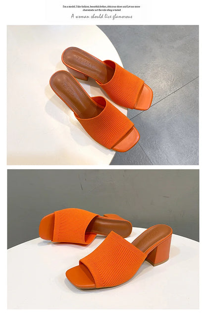 Women's Luxury Casual Soft High Heel Sandals Black Mules Summer Slippers Outdoor Shoes Open Toe