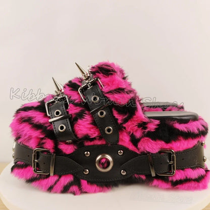 Furry Sandals Platform Rock Novelty Round Toe Thick Bottom Spicy Girl Shoes Punk Rivets Slipper Fashion Luxury Elegant Concise
