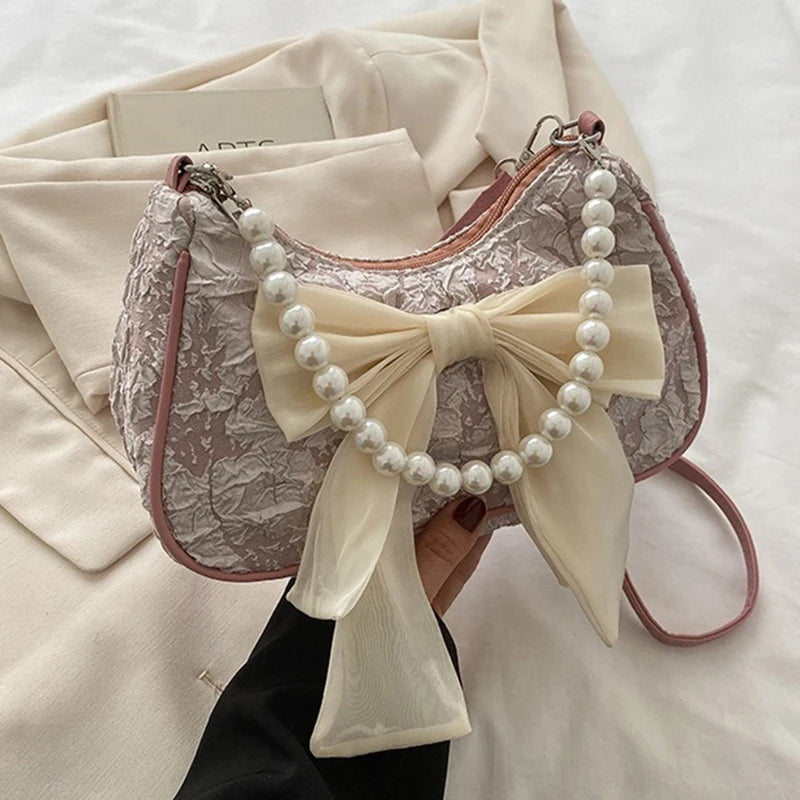 White Folds Pearl Female Bag Retro Luxury Designer Handbag Bow Crossbody Bags Fashion Y2K Vintage Women's Shoulder Bag Purses
