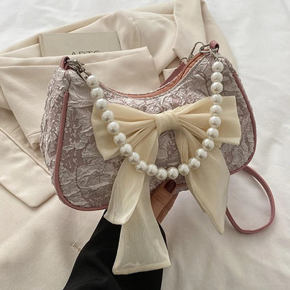 White Folds Pearl Female Bag Retro Luxury Designer Handbag Bow Crossbody Bags Fashion Y2K Vintage Women's Shoulder Bag Purses