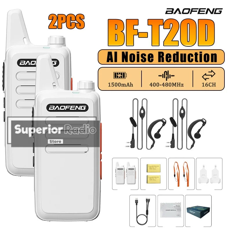 2/4PCS Baofeng BF-T20D Portable Walkie Talkie Type-C Charging 400-480Mhz AI Noise Reduction 16 Channels Mini Two Way Ham Radio