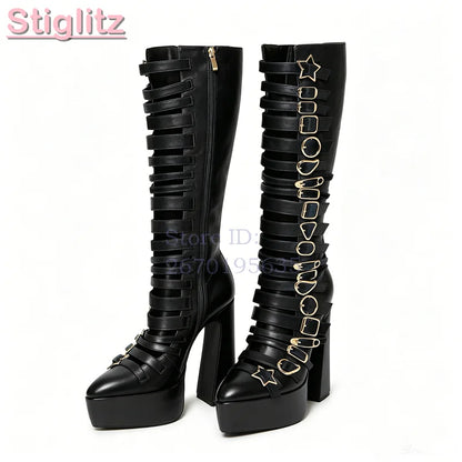 Blue Velvet Irregular Buckle Knee-high Boots Pointed  Toe Side Zipper Chunky High Heels Boots 2026 Summer New Women Punk Shoes