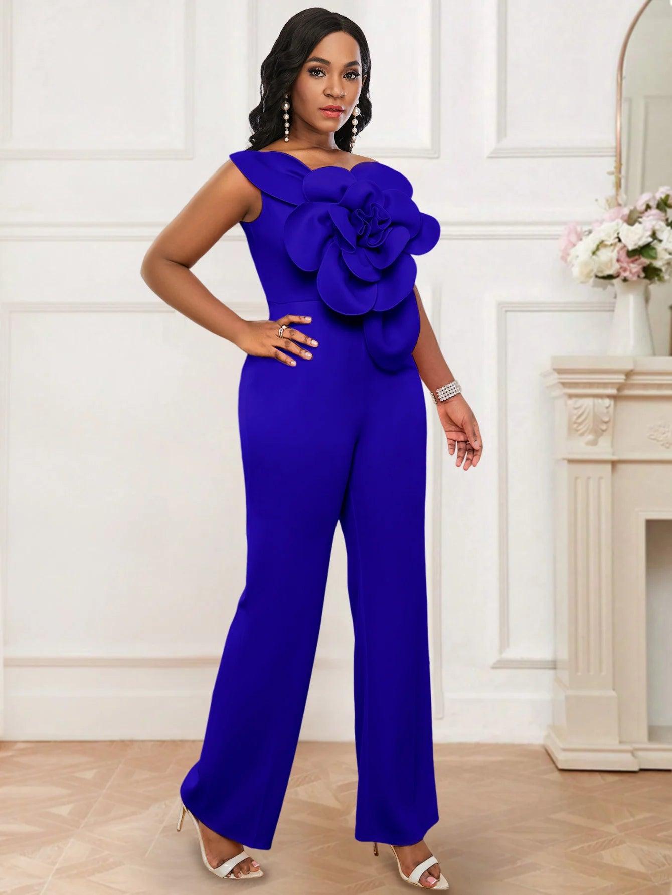 Women One Shoulder Jumpsuit Big Flowers Long Sexy Backless High Waist  Wide Leg Straight One Piece Classy Evening Party Rompers