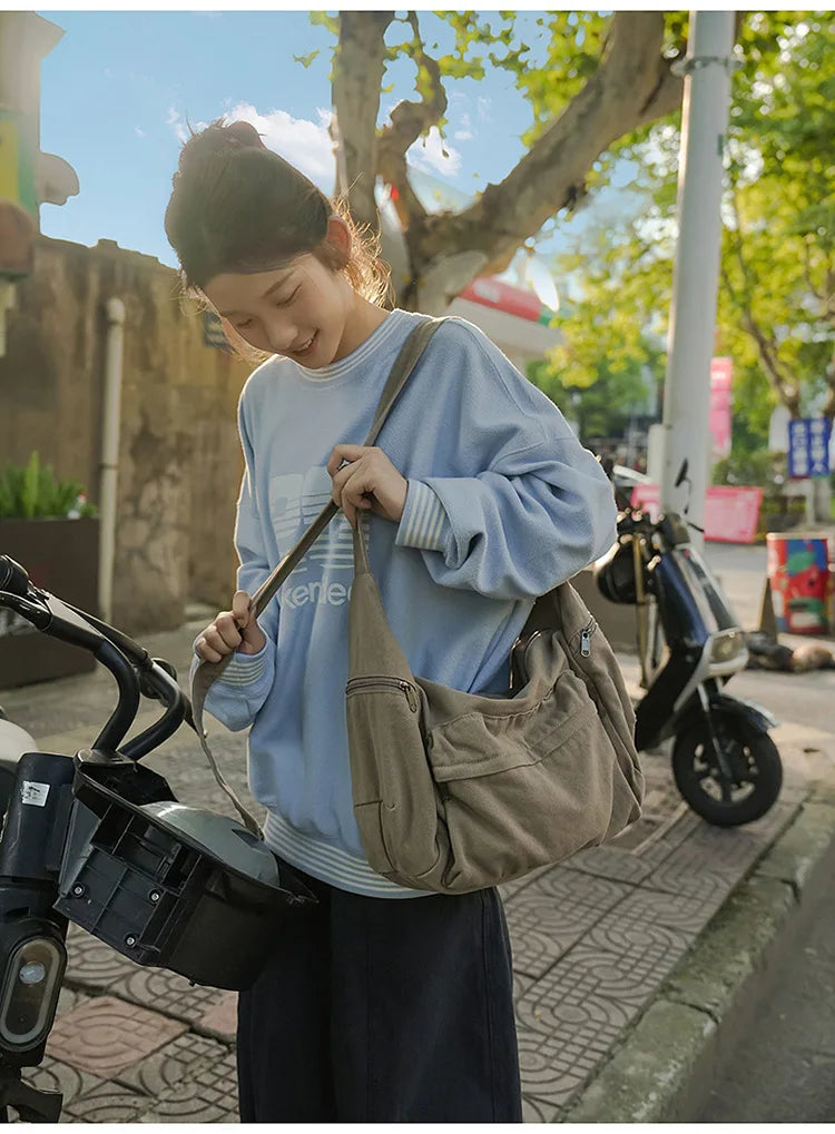 100% Cotton Shoulder Bags Women Large Capacity Canvas Tooling Packages Korea Style Cloth Crossbody Bags Solid Messenger Bags