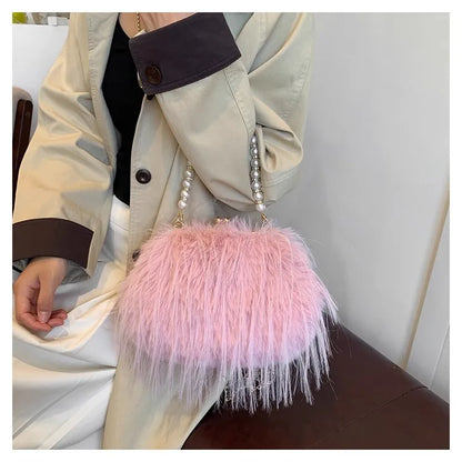 Beading Chain Women's Evening Plush Handbags Faux Fur Tassel Ladies Shoulder Bag Elegant Female Crossbody Bags Party Furry Purse