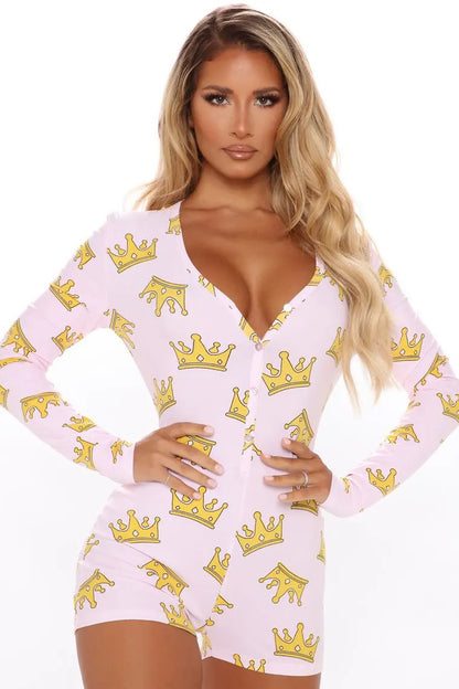 Women's Pajama High Waist Playsuit Christmas Pattern Printing Romper Long Sleeve V Neck Short Pants Home Wear Clothes