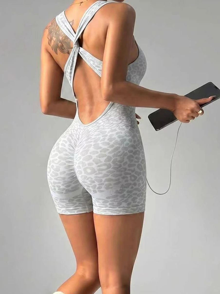 Woman Clothes Leopard Jumpsuits Rompers Backless Seamless Yoga Fitness Sports Overalls Female One Piece Sleeveless Gym Bodysuit