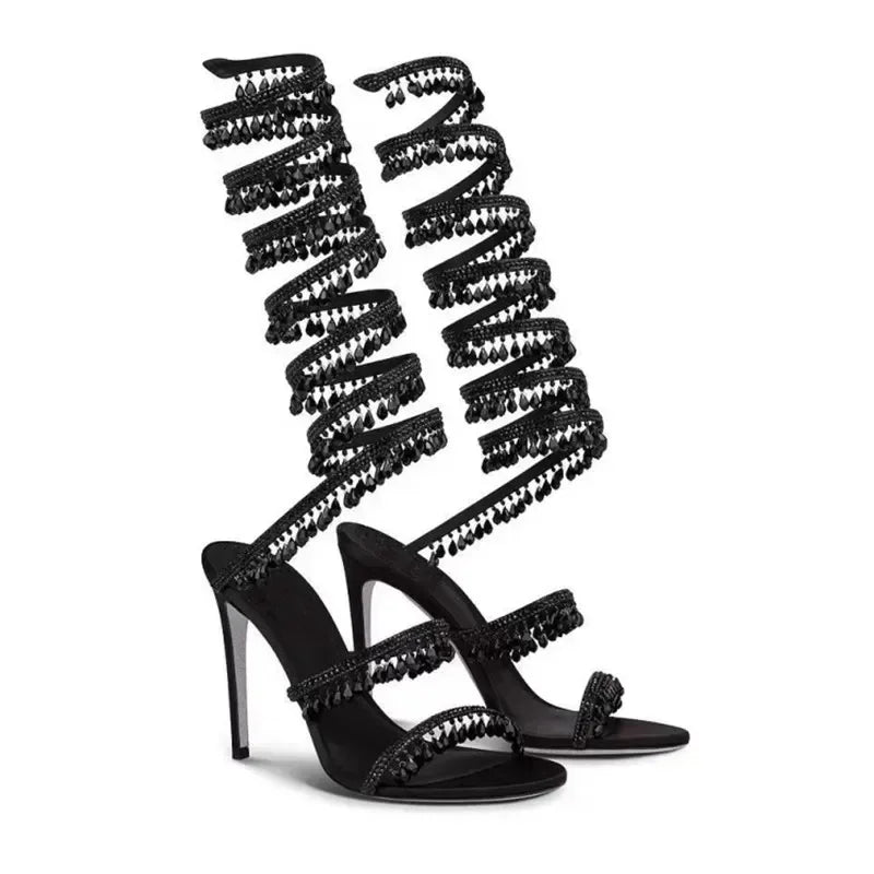 2026Women's New Water Diamond Sandals Fashion Tassel Crystal Shoes Sexy Banquet Party Twin Stiletto Women's Large Sandals