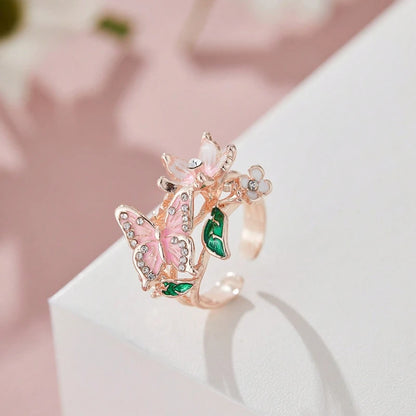 Aesthetic Flower Butterfly Rings for Female Romantic Rhinestone Stylish Non-fading Opening Ring Women Wedding Jewelry Party Gift