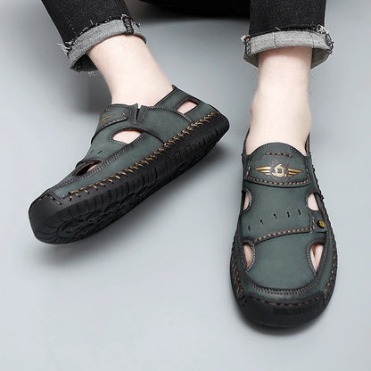 Mens Walking Shoes Summer Breathable Leather Hand Sewn Minimalist Baotou Flat Shoes Soft Elastic Daily Casual Male Sandalia