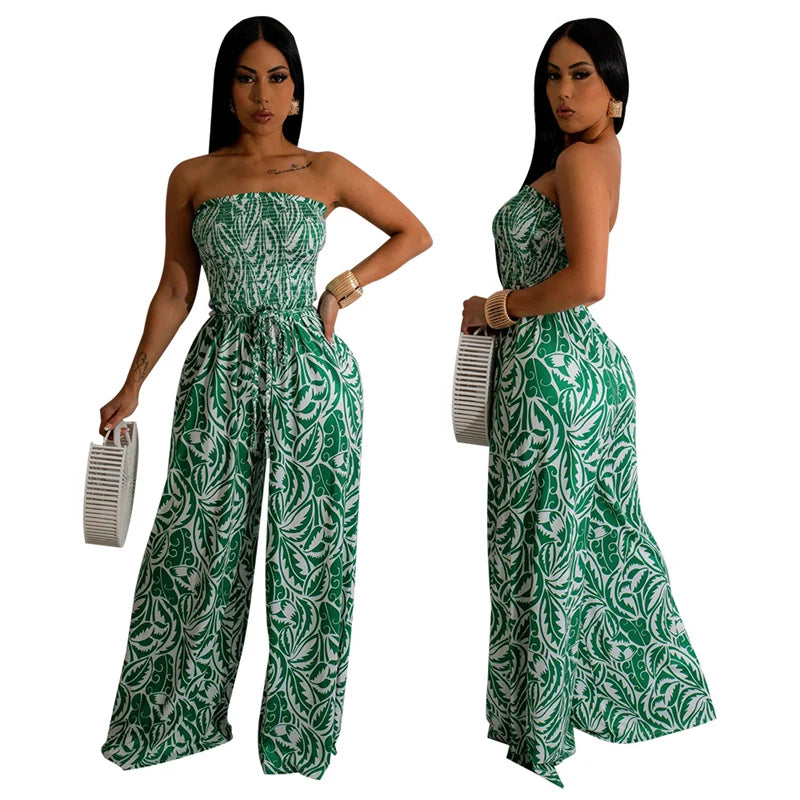 Elegant Print Jumpsuits for Woman Romper Sleeveless Backless Strapless High Waist Loose Straight Wide Leg Jumpsuit Club Clothing
