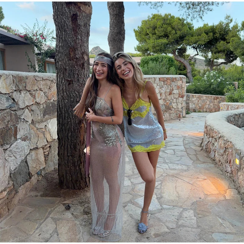 Sexy Sequin Lace Trim Dress Women Fashion V-neck Sleeveless High Waist Mini Sling Dresses 2026 Summer Lady Vacation Robe