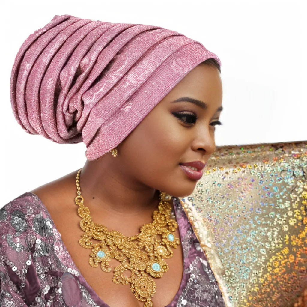 Glitter Full Body Pleated Turban Cap for Women 2025 Lady Head Wraps Muslim Headscarf Hat Turbante Mujer African Headpiece