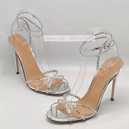 Shiny Leather Crystals Stiletto Sandals Women Ankle Strap Round Toe High Heels Shoes Ladies Luxury Elegant Sexy Party Sandals