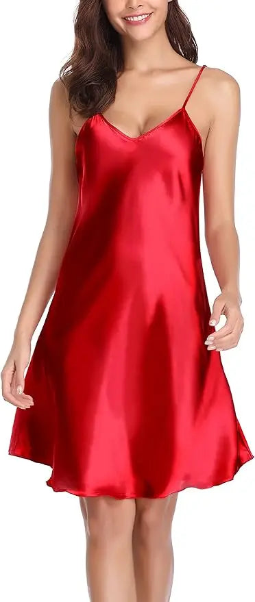 Women's Sexy Silk Satin Night Dress Sleeveless Nighties V-neck Nightgown Nightdress Plus Size Sleepwear Nightwear