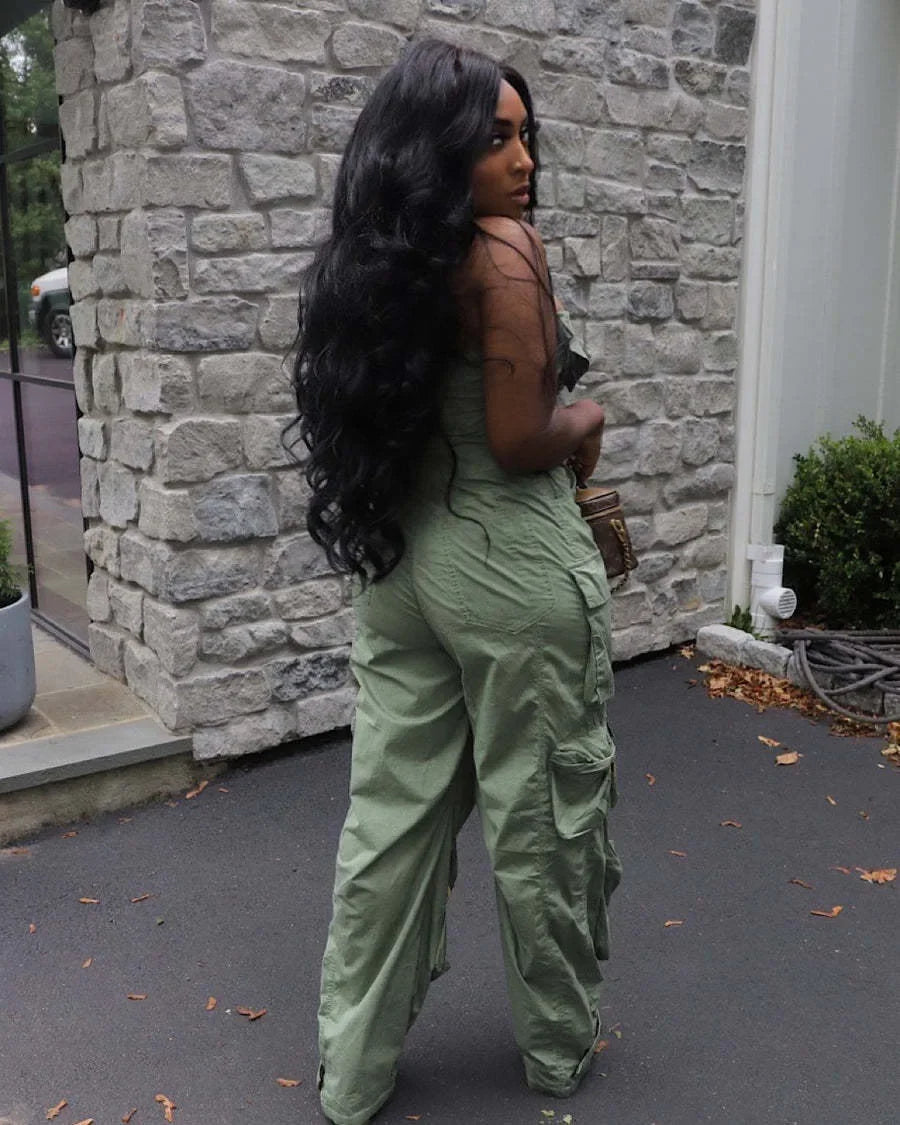 Jumpsuits Women Sexy One Piece Strapless Sleeveless Single Breasted Multiple Pockets High Waist Overalls Streetwear Trousers