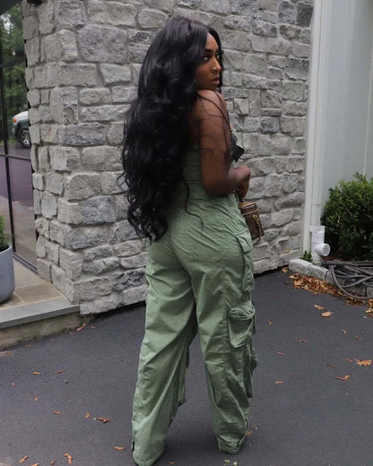 Jumpsuits Women Sexy One Piece Strapless Sleeveless Single Breasted Multiple Pockets High Waist Overalls Streetwear Trousers
