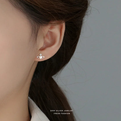 Fashionable Simple 999 Sterling Silver Zircon Planet Shell Earrings for Women Exquisite Light Luxury Jewelry