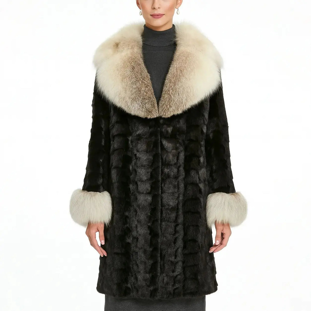 long mink fur black coat with big furry fox fur collar and cuffs overcoat length 95 cm 241205